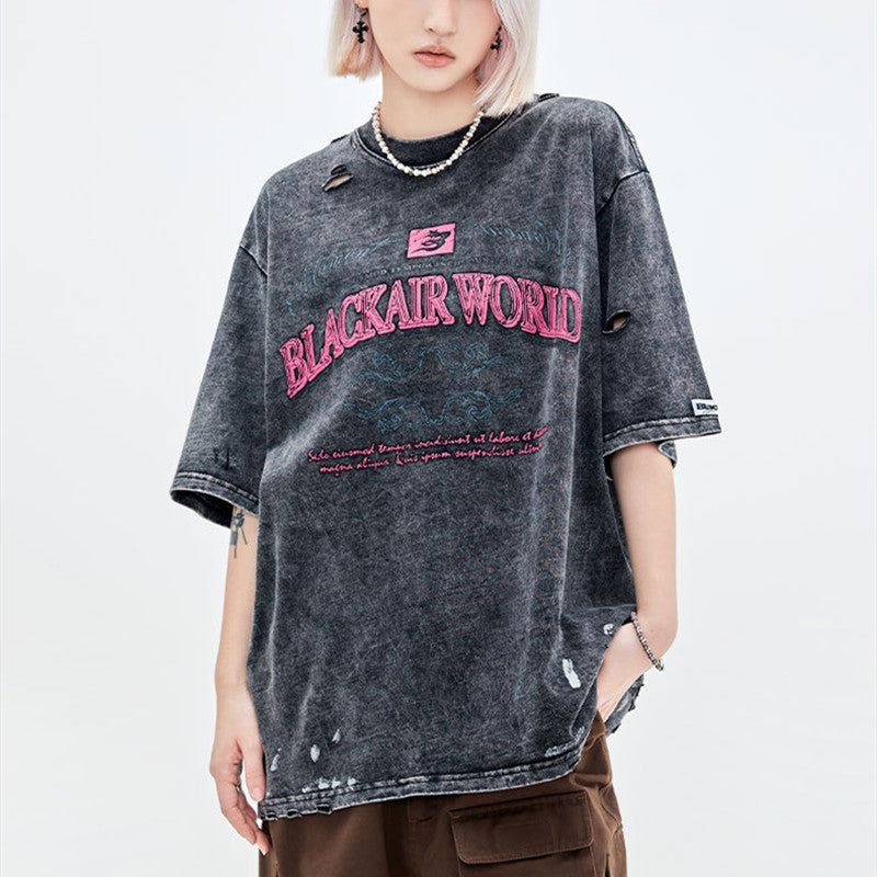 Retro Washed And Worn Cut Letter Foam T-shirt