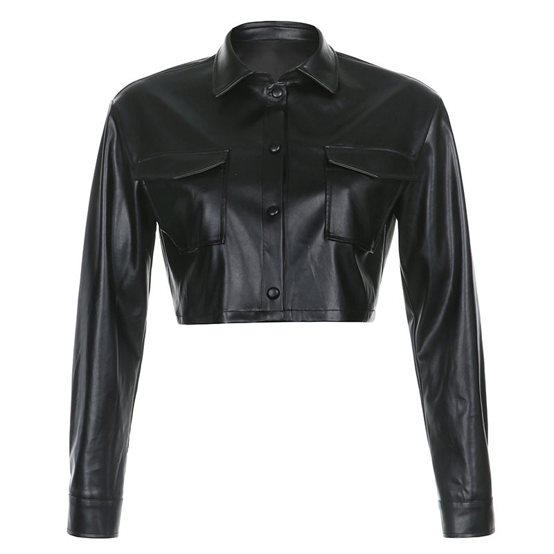 Faux Leather Loose-fit Single-breasted Long-sleeved Leather Jacket