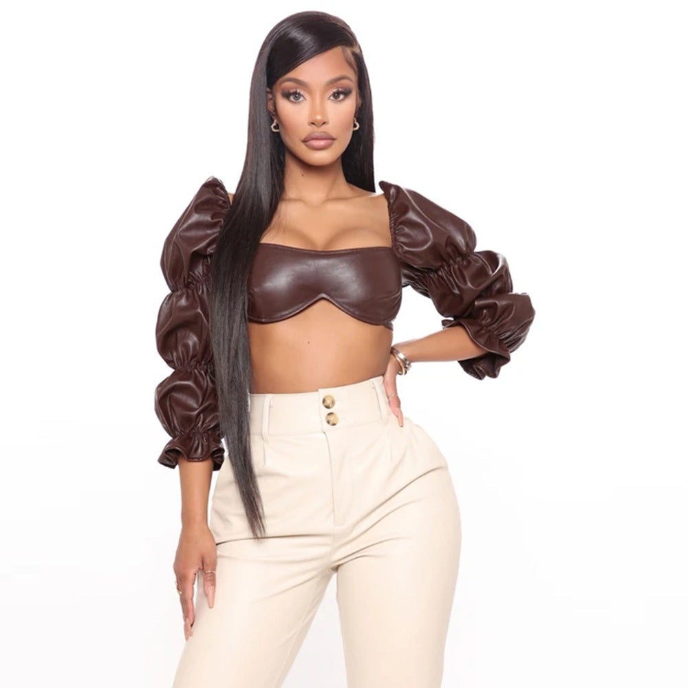 Shoulder Leather Jacket With Exposed Lantern Sleeves
