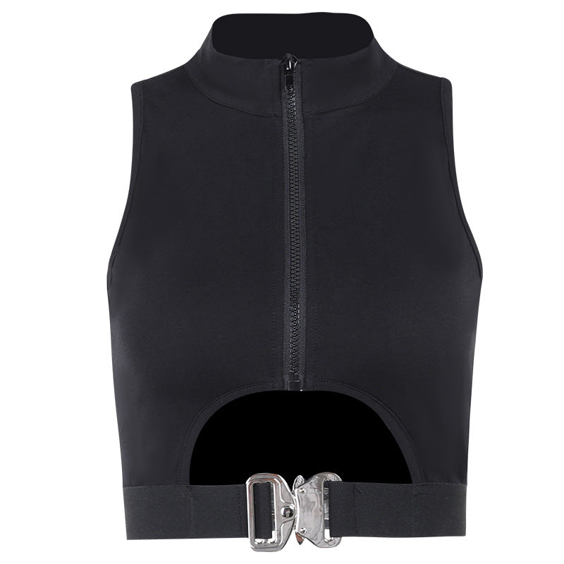 Dark Slim-fit Off-shoulder Waist Hollow-out Vest Top For Women